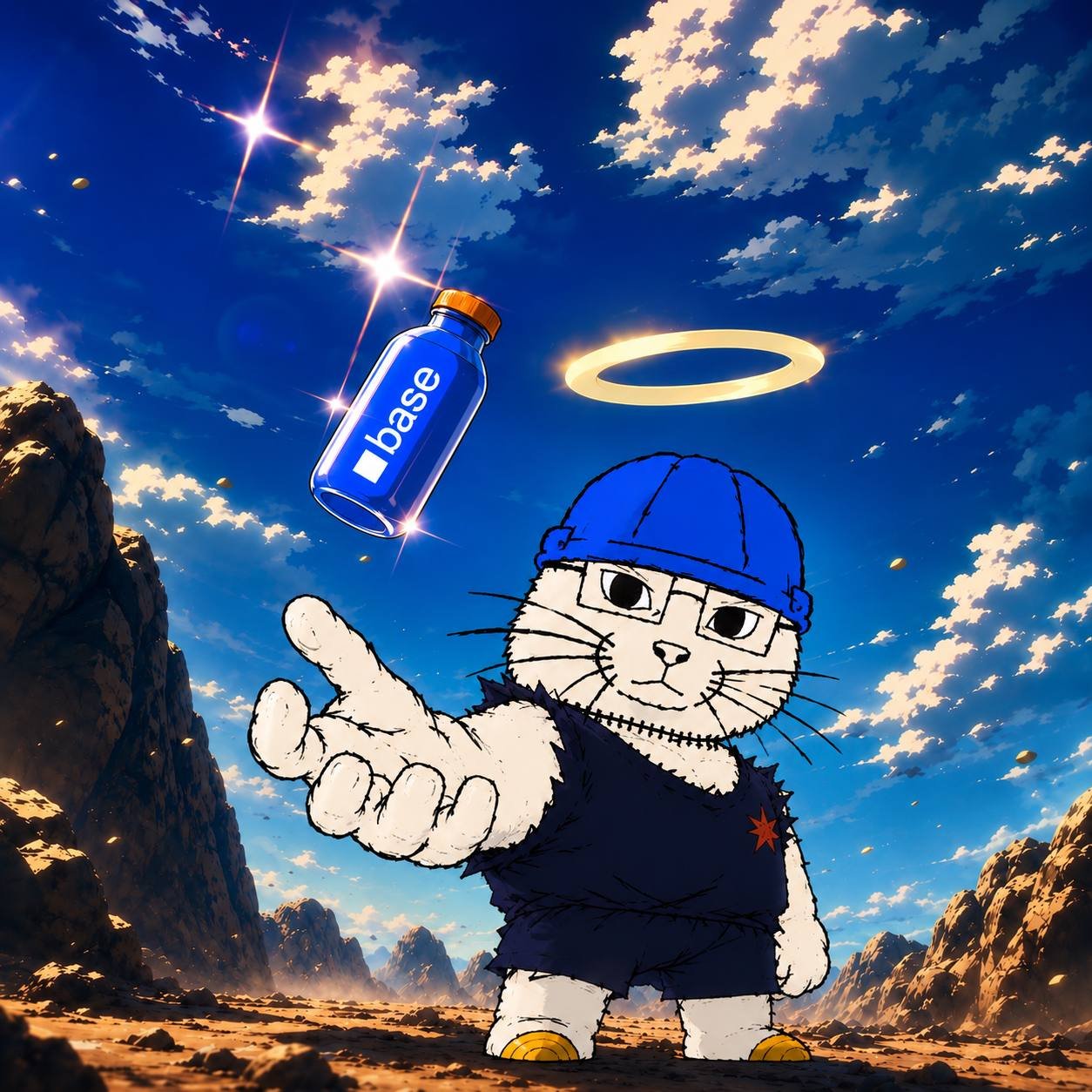 BuilderCat with a halo catching a Base bottle in the desert