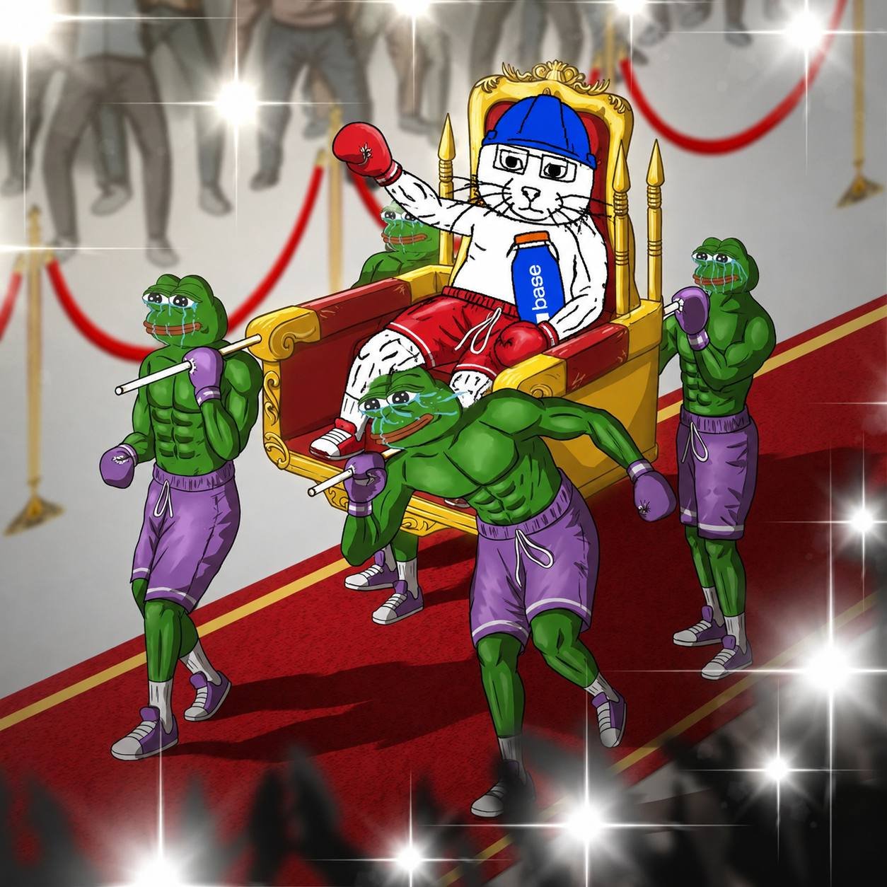 BuilderCat carried on a golden throne