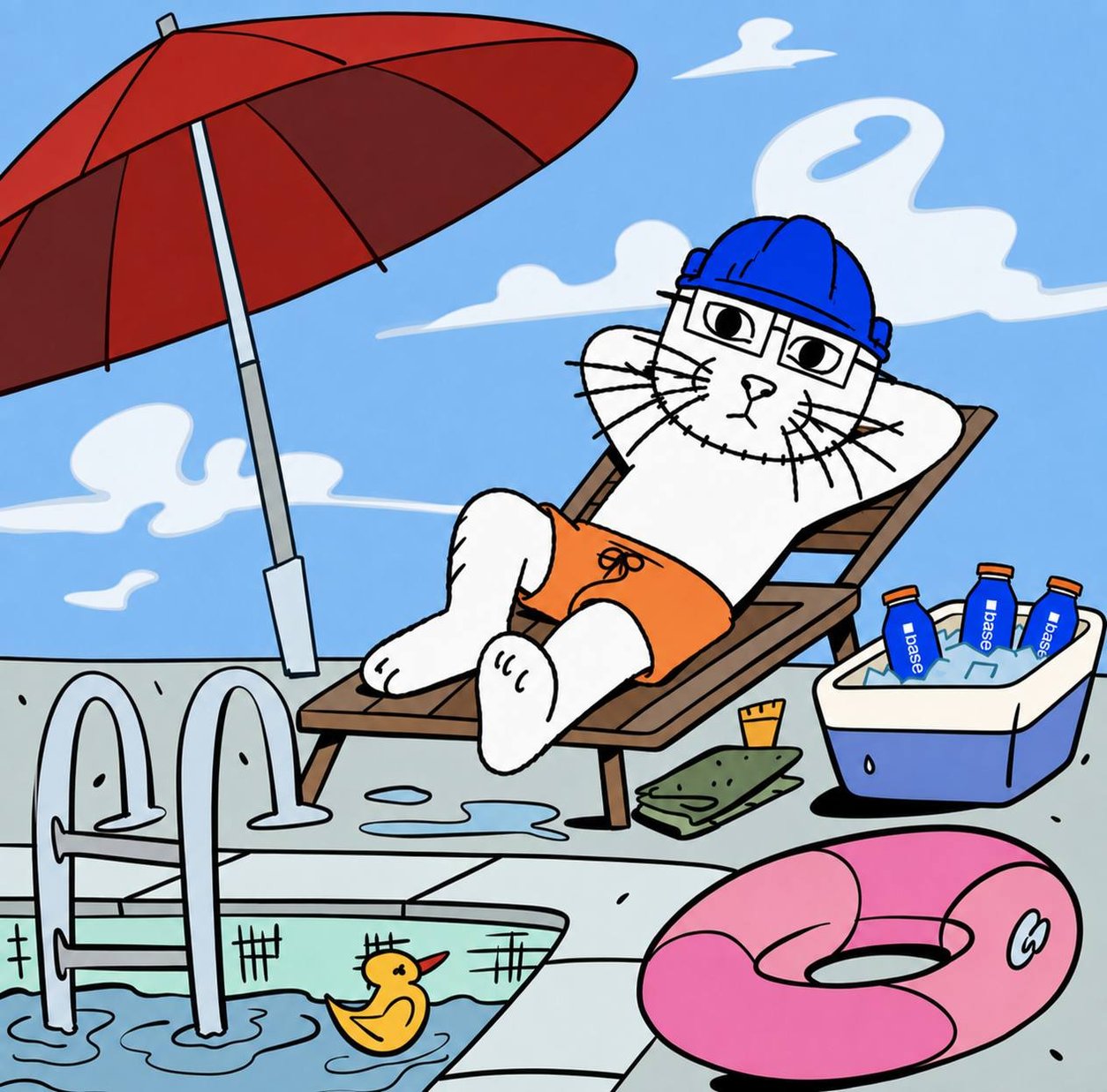 BuilderCat relaxing poolside with Base drinks