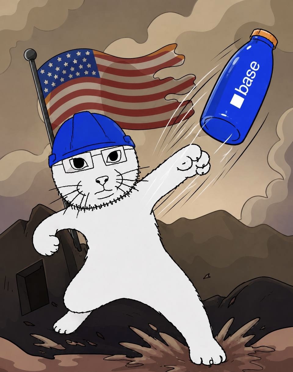 BuilderCat punching a Base bottle in front of a flag